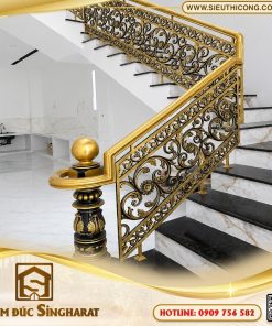 Mẫu cầu thang nhôm đúc trụ quả cầu ct20 trụ tròn đỉnh quả cầu nhũ vàng đen Singharat