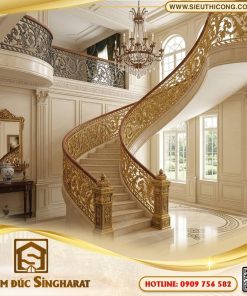 Mẫu cầu thang nhôm đúc uốn cong ct34 trụ vuông phù điêu nhũ vàng đại sảnh biệt thự Singharat