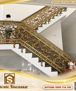 Mẫu cầu thang nhôm đúc nhũ đồng ct38 dải lá tây sơn nhũ đồng chân treo mặt đá đen Singharat