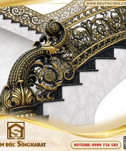 Mẫu cầu thang nhôm đúc cốn cong ct04 cận cảnh trụ đề ba cuộn sóng đúc đặc 3D nhũ vàng Singharat