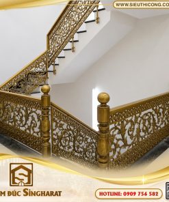 Mẫu cầu thang nhôm đúc tay vịn nhũ vàng ct40 đồng bộ trụ tròn quả cầu nhũ vàng Singharat
