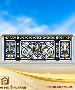 Thiết kế lan can nhôm đúc tân cổ điển lc03 hệ khung sơn đen điểm họa tiết oval lá cọ thoáng đãng