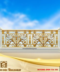 Mẫu lan can nhôm đúc hoàng gia lc10 chia ô panel phù điêu lá cọ và quạt xòe đối xứng bề thế đẳng cấp