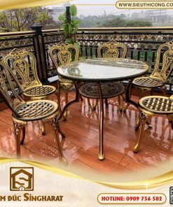 Bàn nhôm đúc tròn phù điêu Long Phụng sơn đen mạ vàng BG24 Singharat