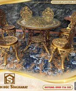 Bộ bàn ghế nhôm đúc 6 ghế màu đồng vàng hoàng gia mặt kính BG04 Singharat