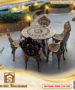 Bộ bàn ghế nhôm đúc sân vườn 6 ghế tròn màu đen điểm vàng BG01 Singharat