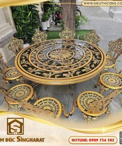 Bộ bàn ghế nhôm đúc biệt thự 10 ghế tròn mặt bàn trống đồng BG17 Singharat