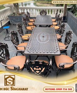 Bộ bàn ghế nhôm đúc chữ nhật 10 ghế ngoài trời kèm nệm ngồi BG09 Singharat
