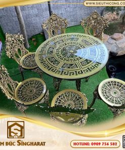 Bộ bàn ghế nhôm đúc sân vườn 6 ghế màu xanh rêu giả cổ hồ cá Koi BG11 Singharat