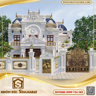 Phối cảnh 3D cổng nhôm đúc vòm cổ điển Châu Âu và tranh phù điêu tường rào lâu đài