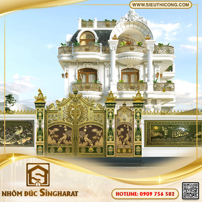 Phối cảnh 3D cổng nhôm đúc sơn xanh giả cổ kết hợp tranh phù điêu cho lâu đài